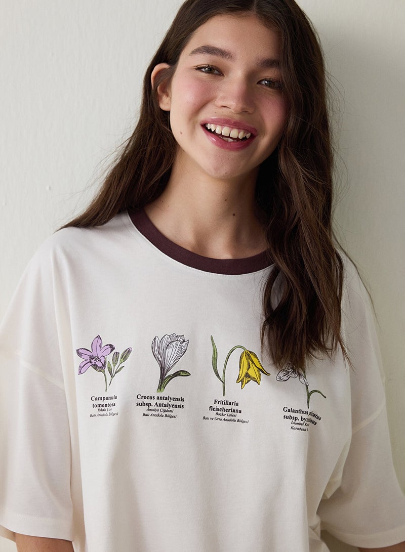 Penti Ecru Steppe Tulip Floral Printed Organic Cotton Crew Neck Short Sleeve Pajama Set With Shorts - Image 3